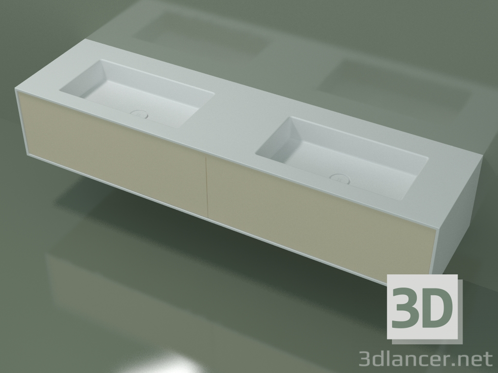 3D Modell Waschbecken mit Schubladen (06UCA2421, Knochen C39, L 192, P 50, H 36 cm) - Vorschau