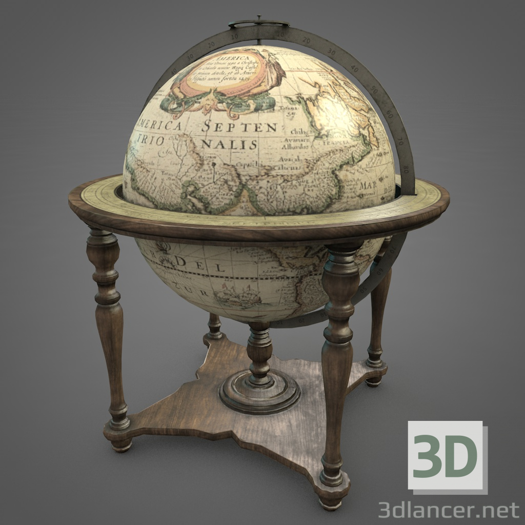 modello 3D di Mappamondo vintage su supporto in legno pbr Modello 3D a basso numero di poligoni comprare - rendering