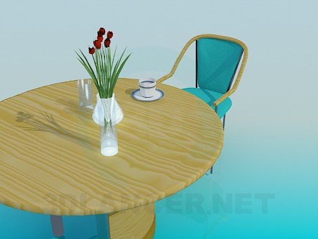 3d model Mesa de cocina de madera con una silla - vista previa