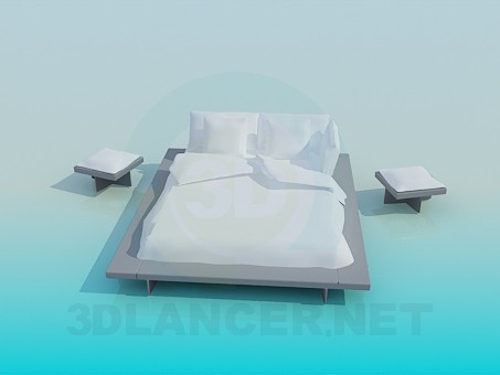 modèle 3D Lit Queen size avec tables - preview