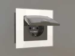 Socket with moisture protection, with earthing, with a protective cover and shutters (brushed nickel