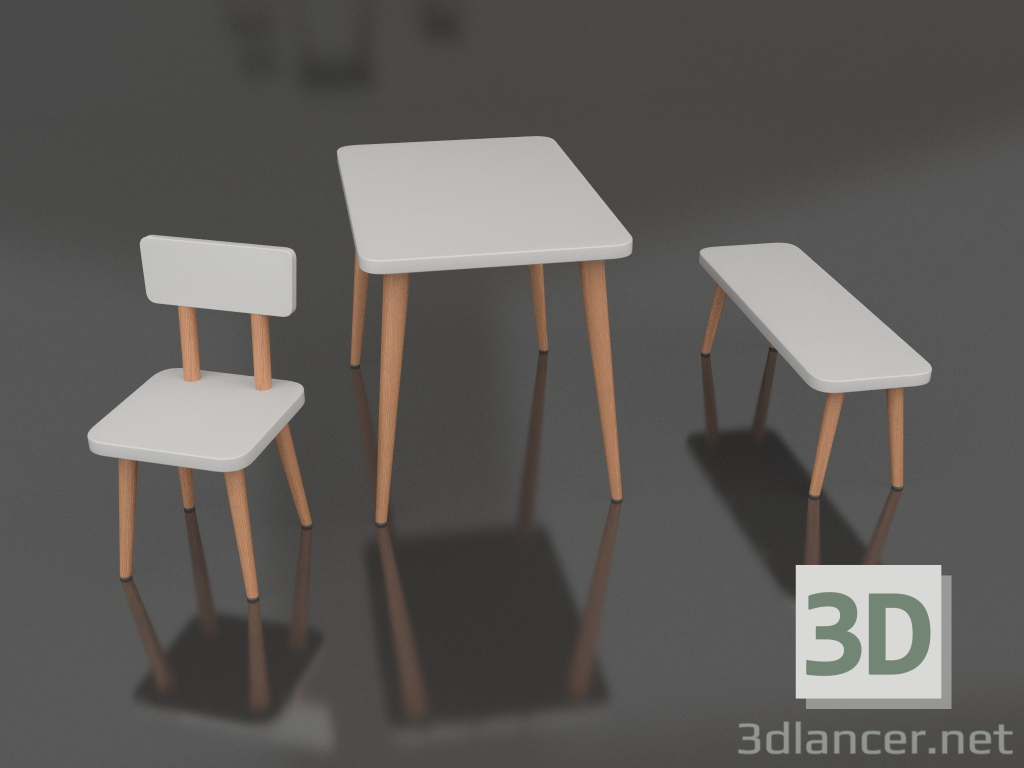 3d model Mesa, silla y banco infantil con patas de madera. - vista previa