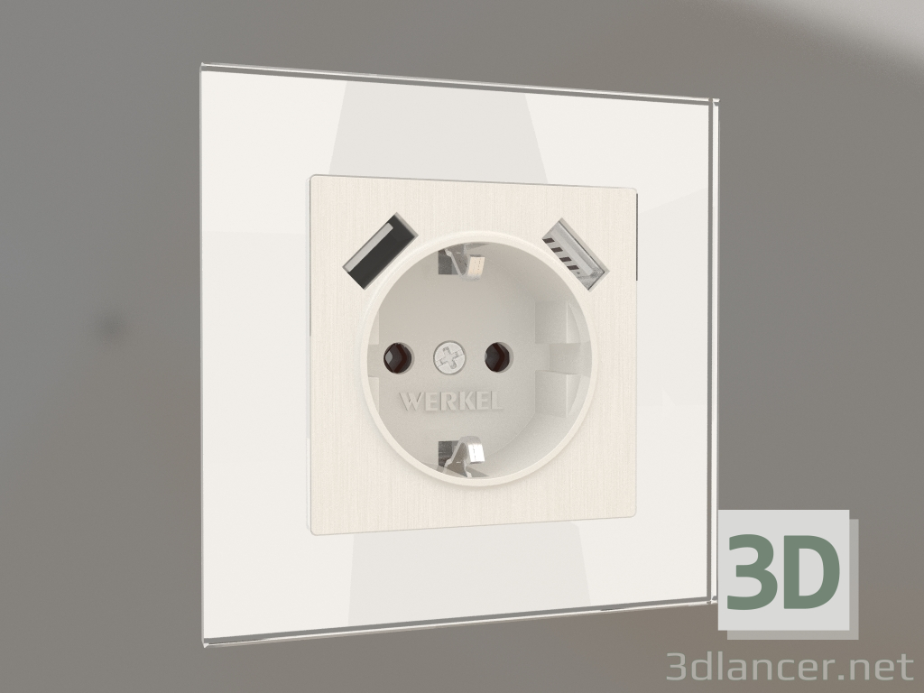 modello 3D Presa con messa a terra e 2 USB tipo A (corrugata perla) - anteprima