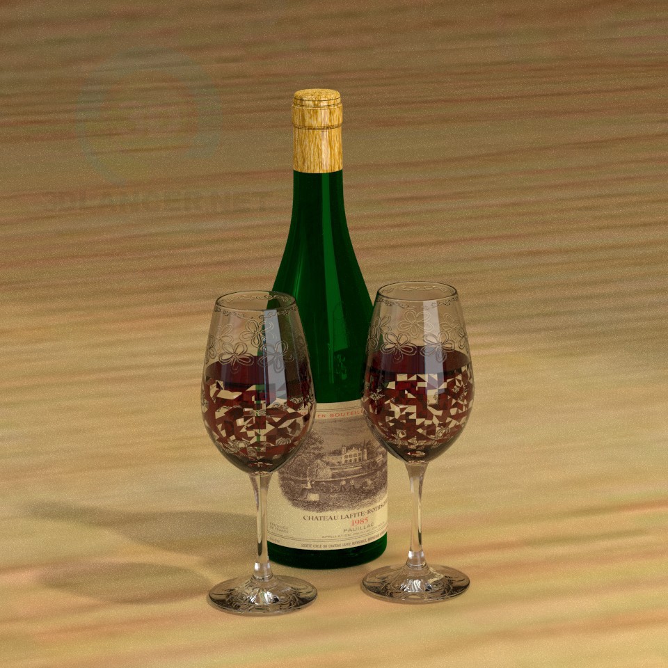 modello 3D La bottiglia e bicchieri - anteprima