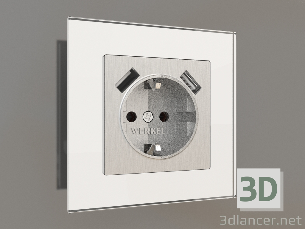 modello 3D Presa con messa a terra e 2 USB tipo A (argento scanalato) - anteprima