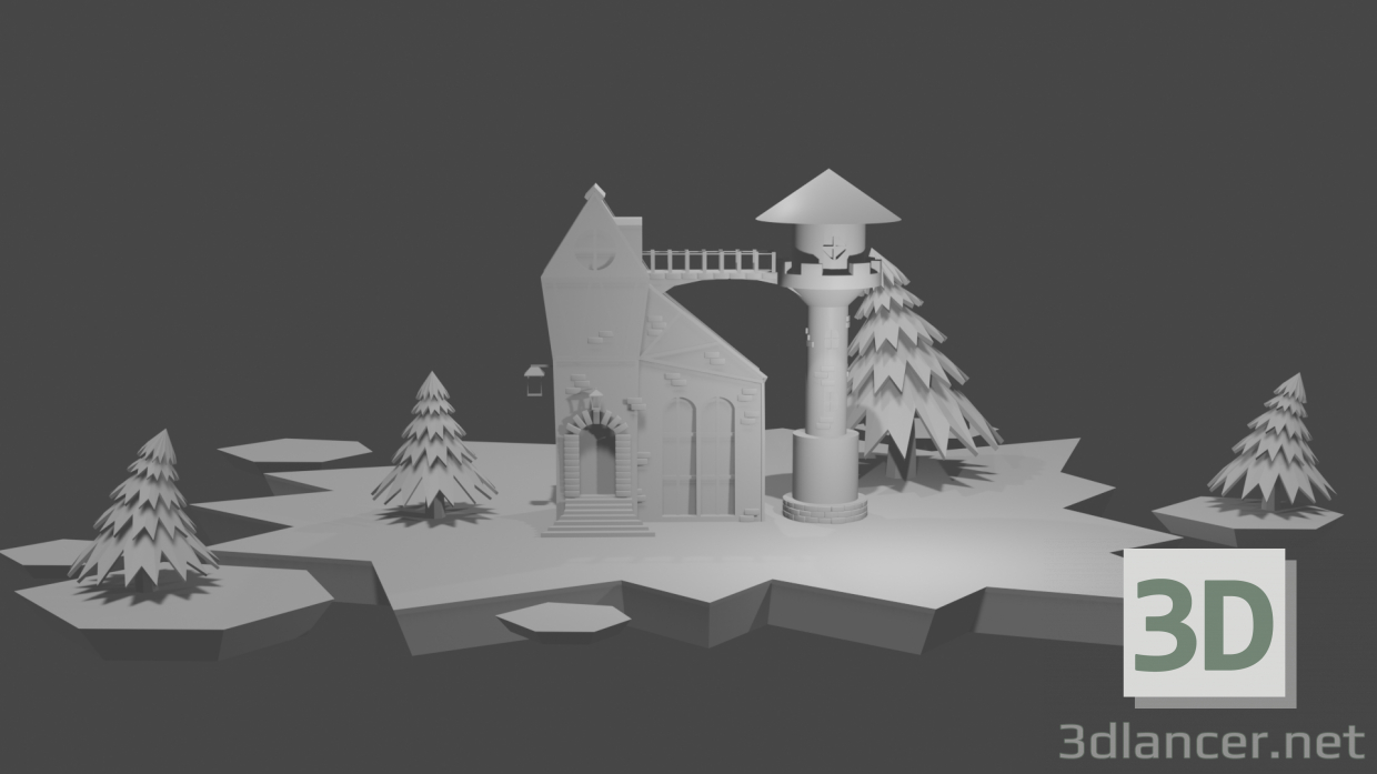 3 डी मॉडल क्रिसमस के पेड़ के साथ घर - पूर्वावलोकन