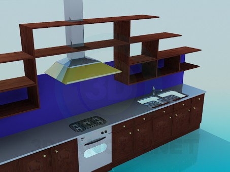 3d model Kitchen with cooker hood and racks - preview