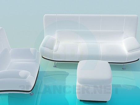 3d модель Белоснежный комплект:диван, кресло и пуфик – превью
