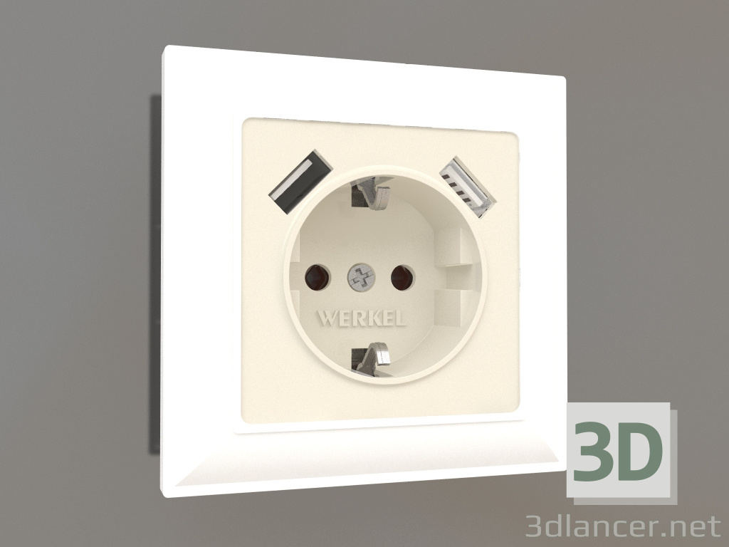 3d model Socket with grounding and 2 USB type A (ivory) - preview