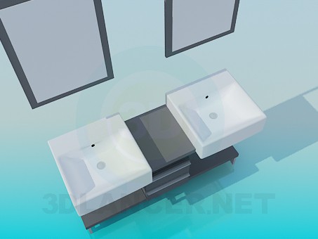 3D Modell Doppelte Waschbecken auf dem Nachttisch mit Spiegel - Vorschau