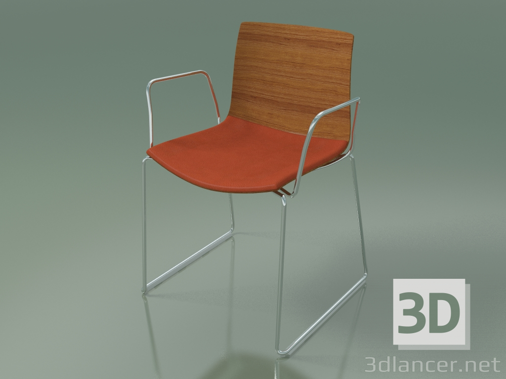 3d модель Стілець 0452 (на санчатах з підлокітниками, з подушкою на сидінні, teak effect) – превью
