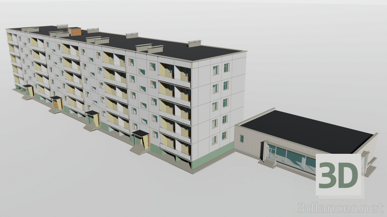 3d Five-storey panel house with a shop of 97 series model buy - render