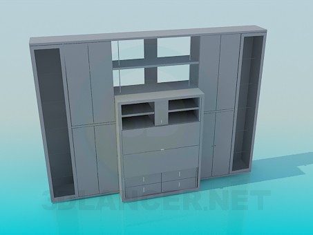 3d модель Шафа-стінка з вузькими дверцями і секретером в центрі – превью
