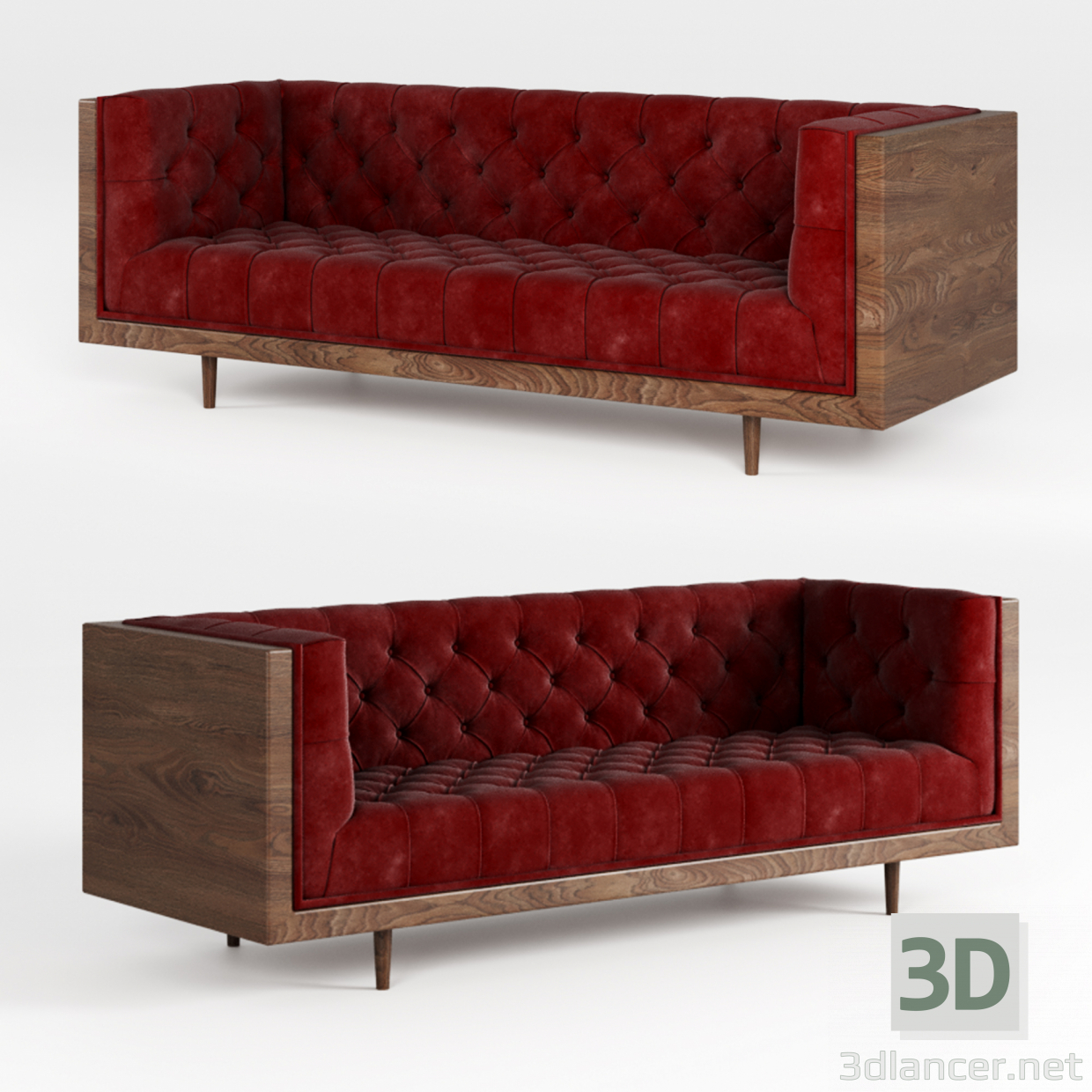 3d Mid Century Danish Modern Tufted Milo Baughman Style Walnut Encased sofa model buy - render