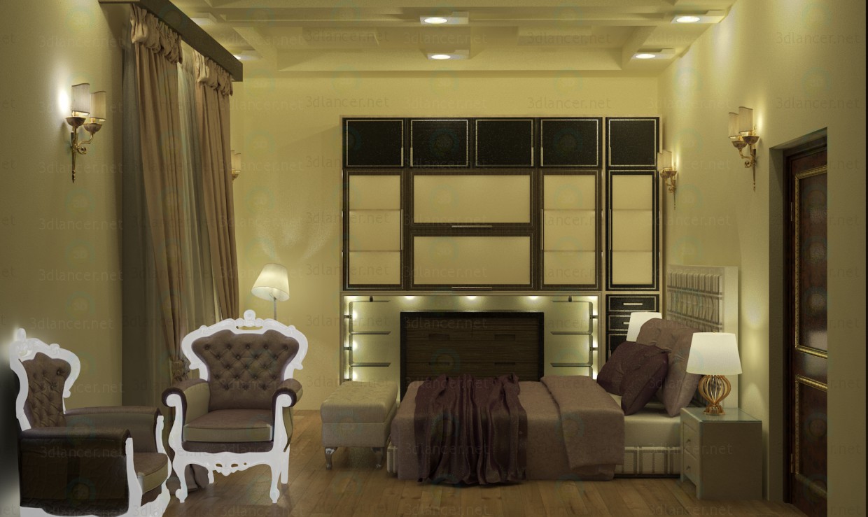 3d модель Интерьер спальни, сцена полностью с мебелью в стиле Ближнего Востока – превью