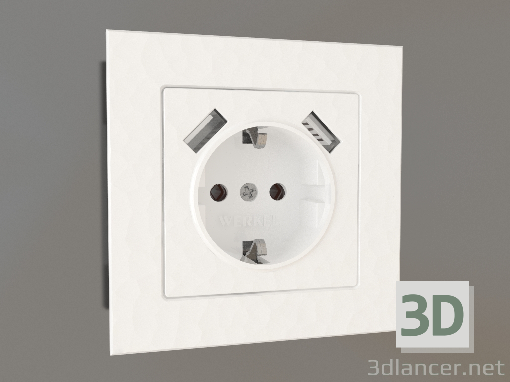 3d model Socket with grounding and 2 USB type A (hammer white) - preview