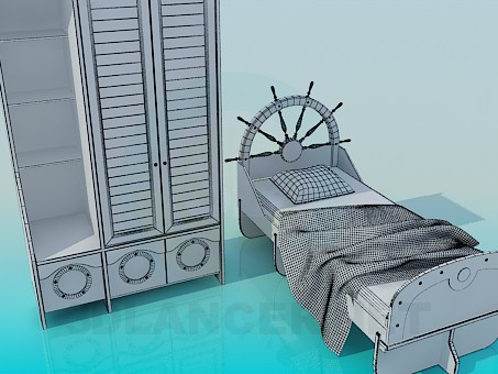 3d модель Односпальне ліжко і шафа – превью