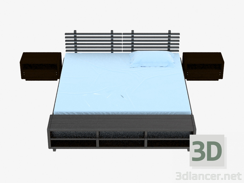 3d модель Кровать двухспальная серия S (с тумбами, темная) – превью