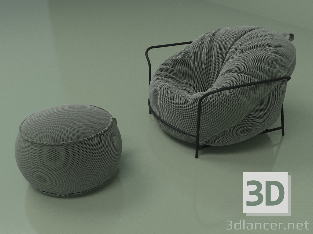 modello 3D Poltrona Uni con pouf (cachi) - anteprima