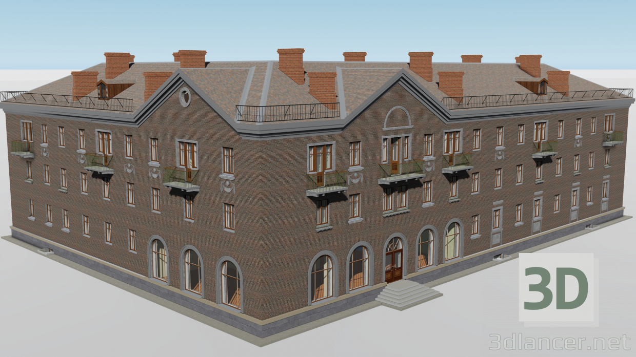modello 3D di Edificio ad angolo a tre piani 1-552-4 comprare - rendering