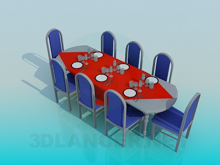 3d модель Обеденный стол накрытый на 8 персон – превью