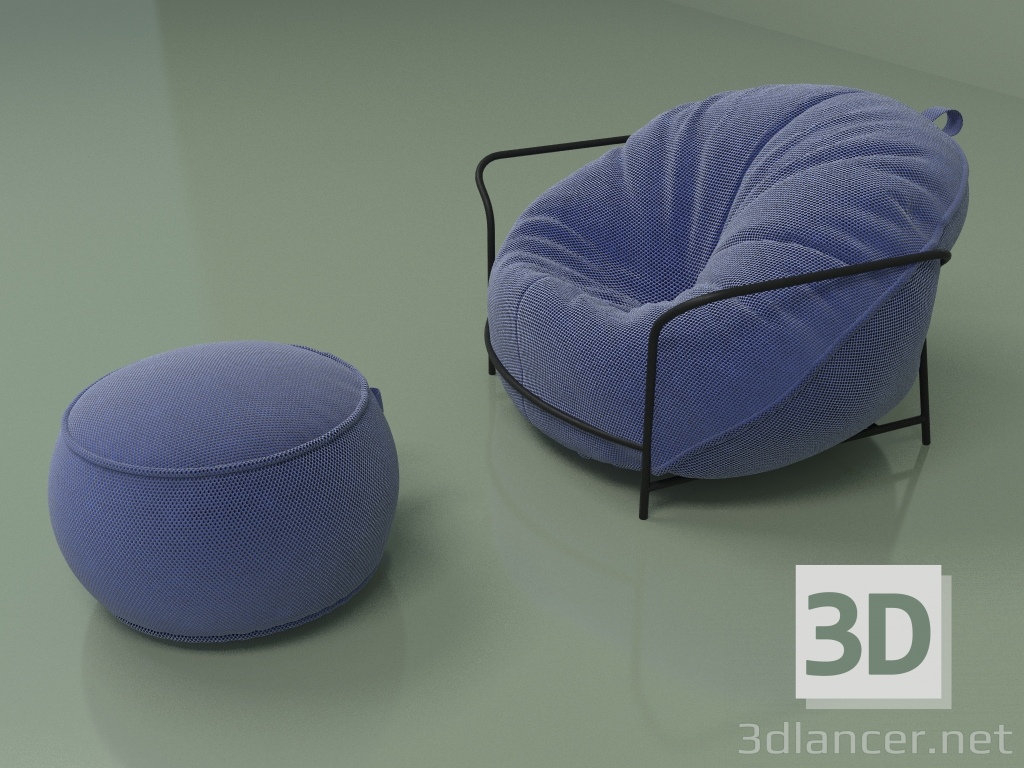 modèle 3D Fauteuil Uni avec pouf (bleuet) - preview