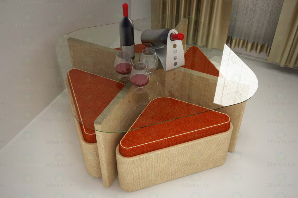3d модель Кофейный столик с пуфиками – превью