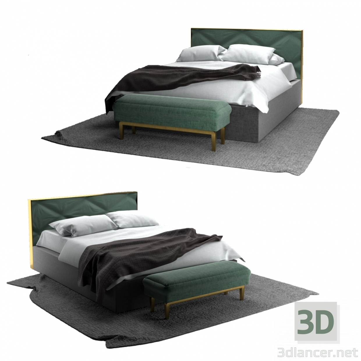 3d Bed and ottoman model buy - render