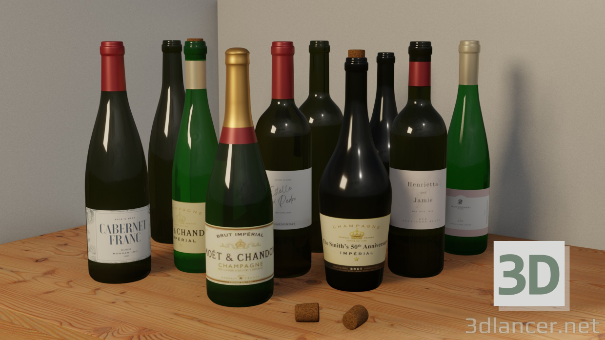 modello 3D Bottiglie di vino e champagne 11 + 1 - anteprima