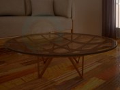 Round table, made of glass, with wooden structure