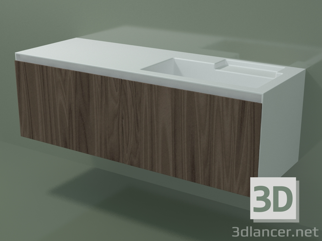 modello 3D Lavabo con cassetto (dx, L 144, P 50, H 48 cm, Noce Canaletto O07) - anteprima