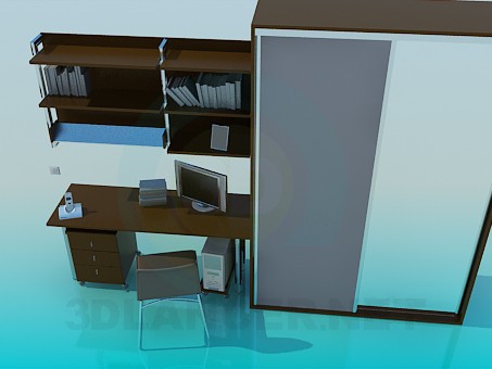 modèle 3D Un ensemble de meubles: armoire, bureau, étagères - preview