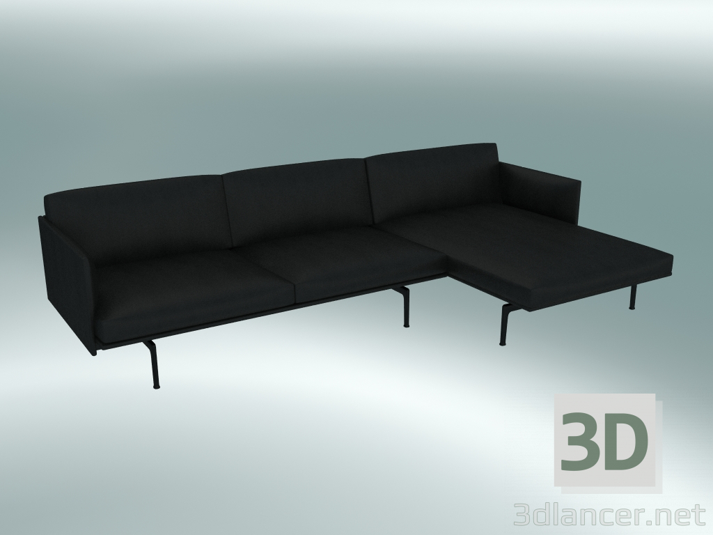 modello 3D Divano con chaise longue muta, destra (affina pelle nera, nero) - anteprima