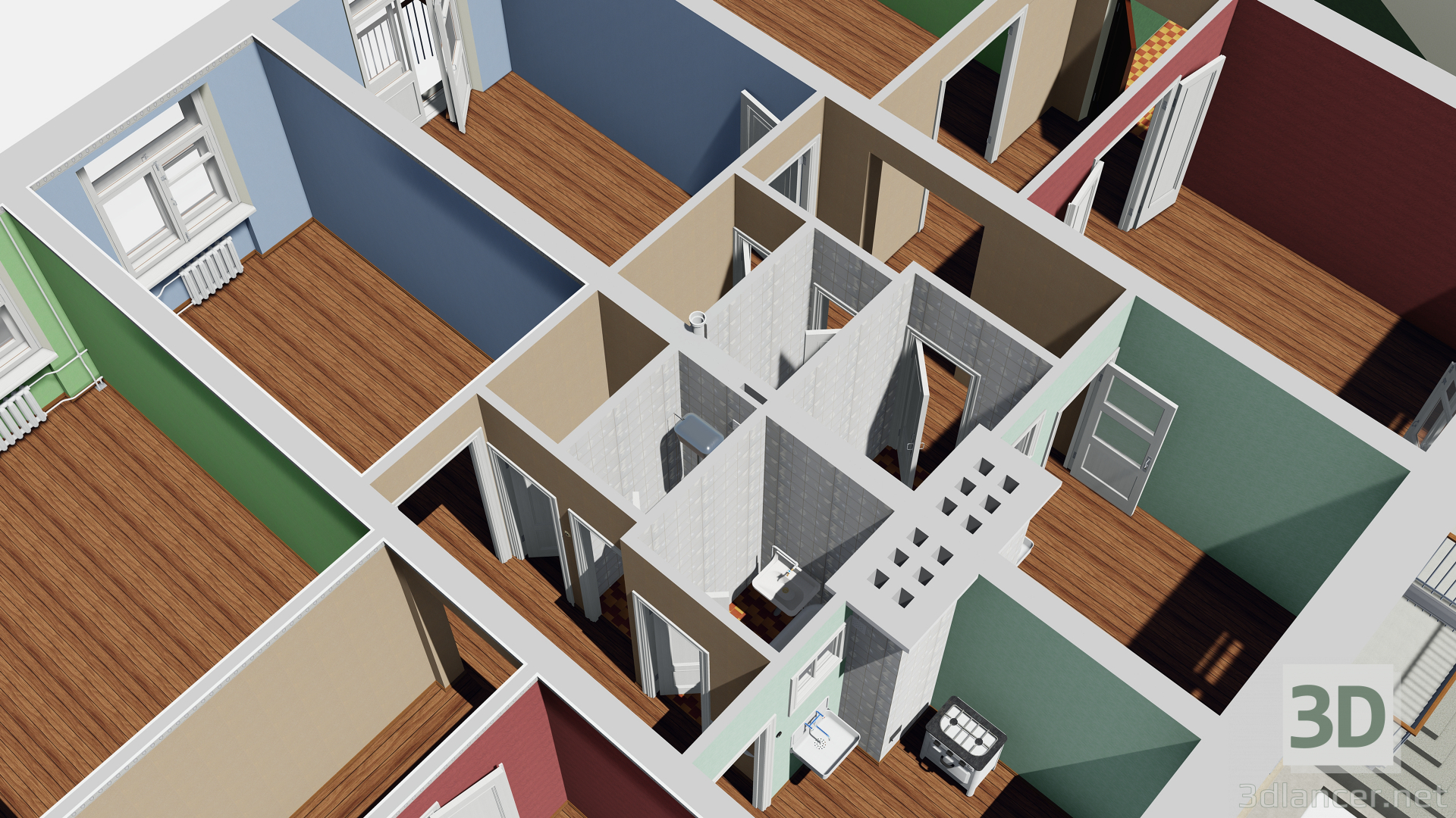 Edificio de tres pisos 1-363-13 3D modelo Compro - render