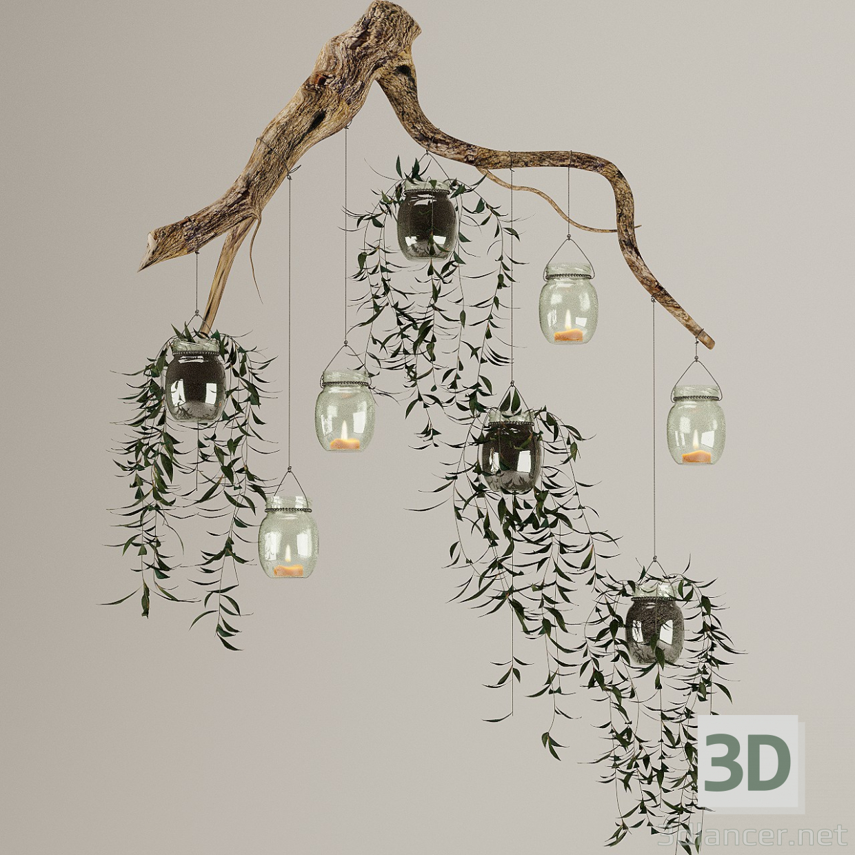 3D Tencere ve mumlar bitkiler ile ahşap şube modeli satın - render