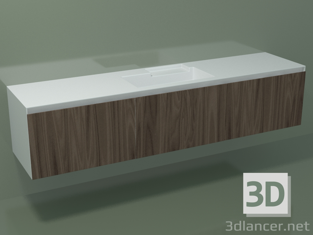 3D Modell Waschbecken mit Schubladen (L 216, P 50, H 48 cm, Noce Canaletto O07) - Vorschau