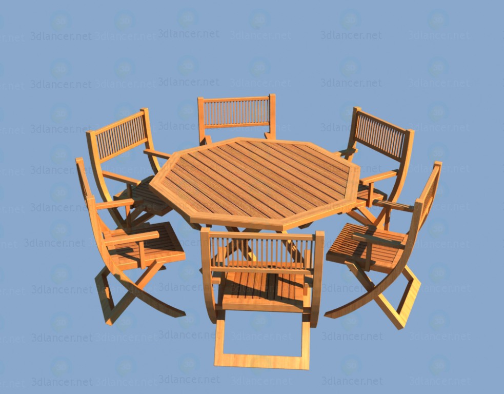 3d модель Деревянная садовая мебель - стол и стулья – превью