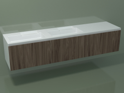 Double washbasin with drawers (sx, L 216, P 50, H 48 cm, Noce Canaletto O07)