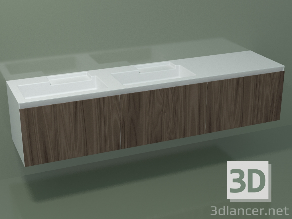 modello 3D Lavabo doppio con cassetti (sx, L 216, P 50, H 48 cm, Noce Canaletto O07) - anteprima