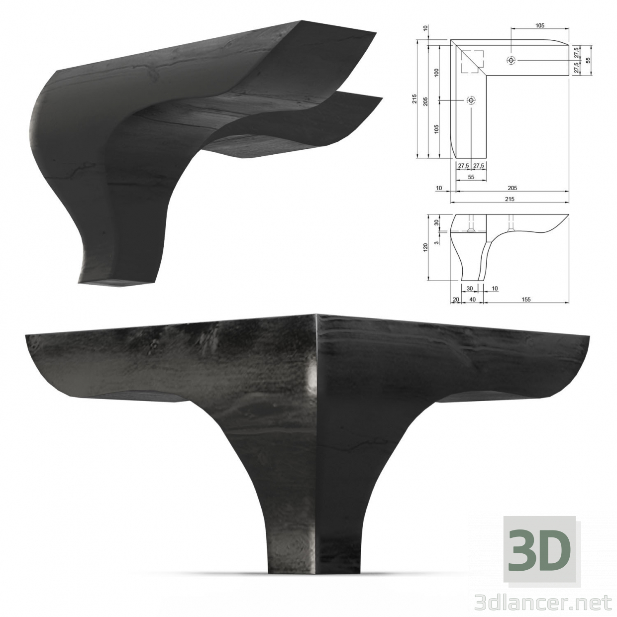3D modeli TRIANGOLO H.120 D.200, parlak siyah - önizleme