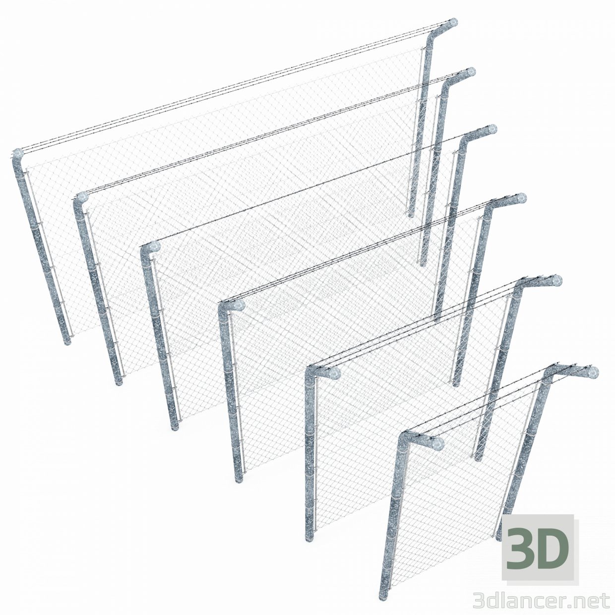 3d Забор из металлической сетки с ограждением из колючей проволоки модель купить - ракурс
