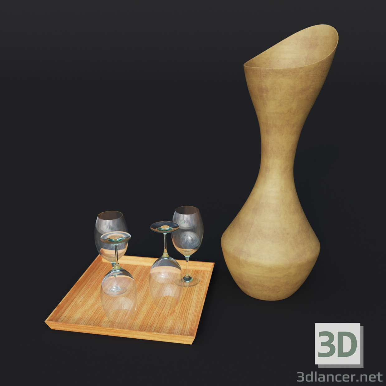 3d model cucharón de madera y 4 vasos - vista previa