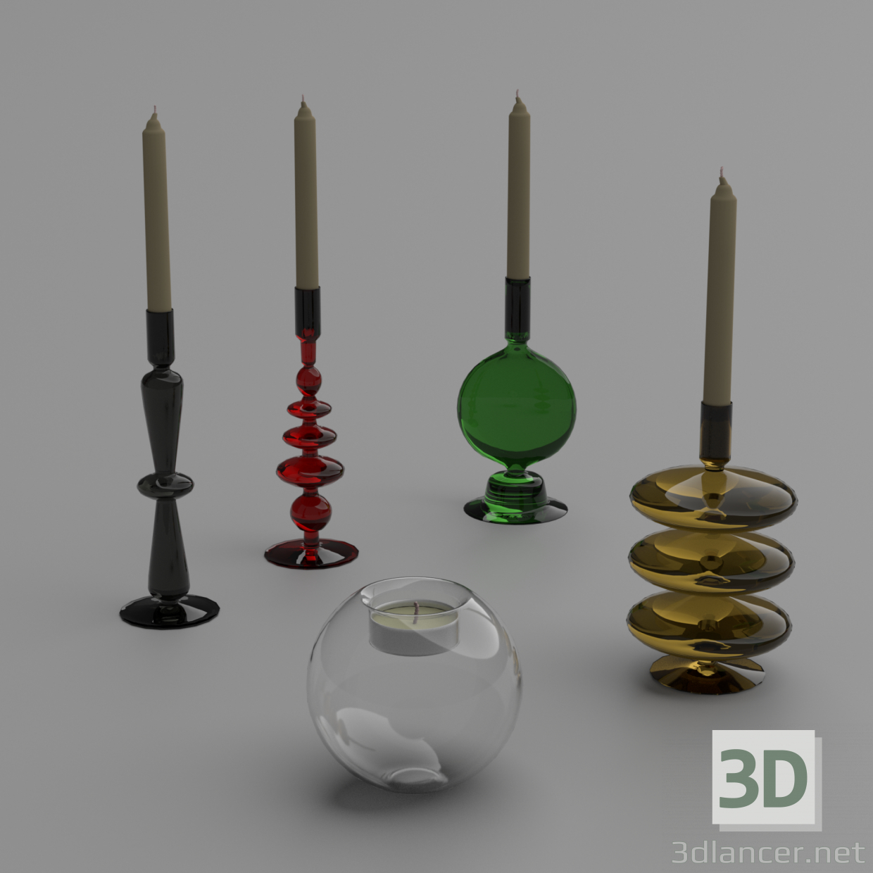 Glaskerzenhalter und Kerzen 3D-Modell kaufen - Rendern