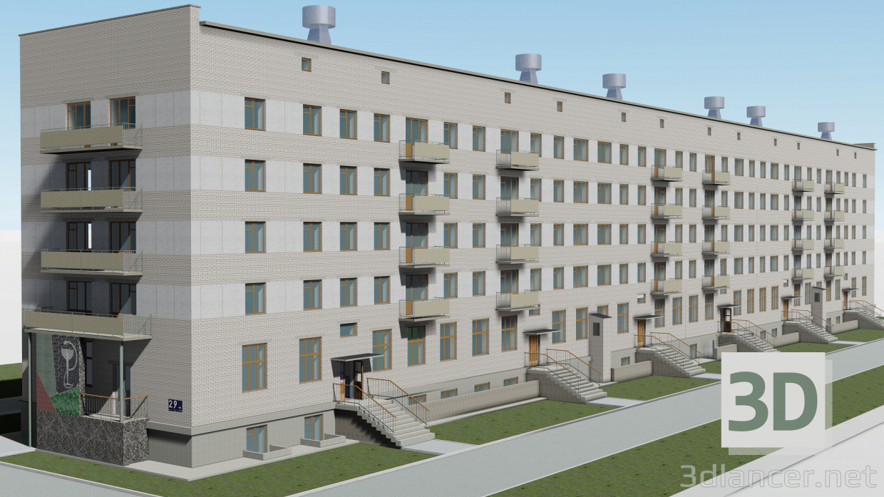 Edificio de cinco pisos con una policlínica de Chelyabinsk en ChMZ 3D modelo Compro - render