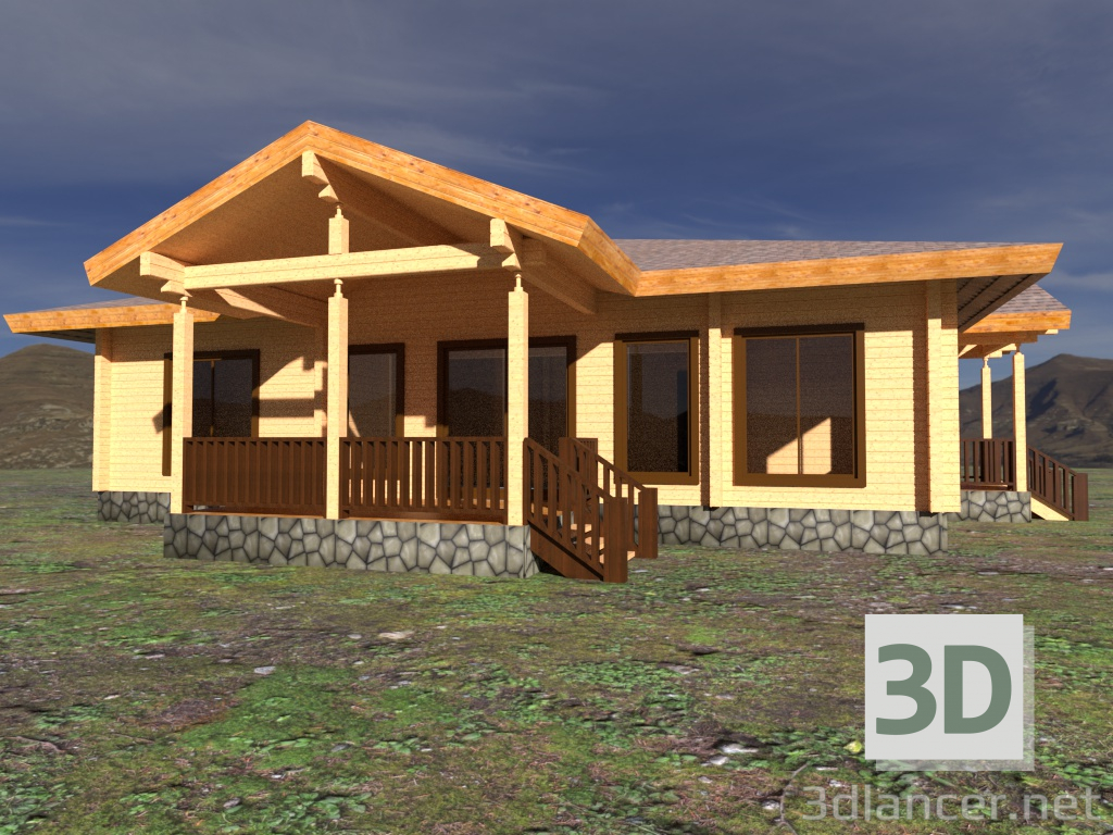 Casa de madera con piedra 3D modelo Compro - render