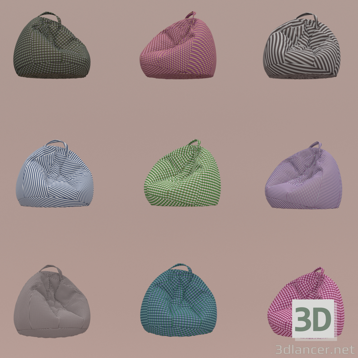 3 डी विभिन्न रंगों के नौ आर्मचेयर बैग का सेट मॉडल खरीद - रेंडर