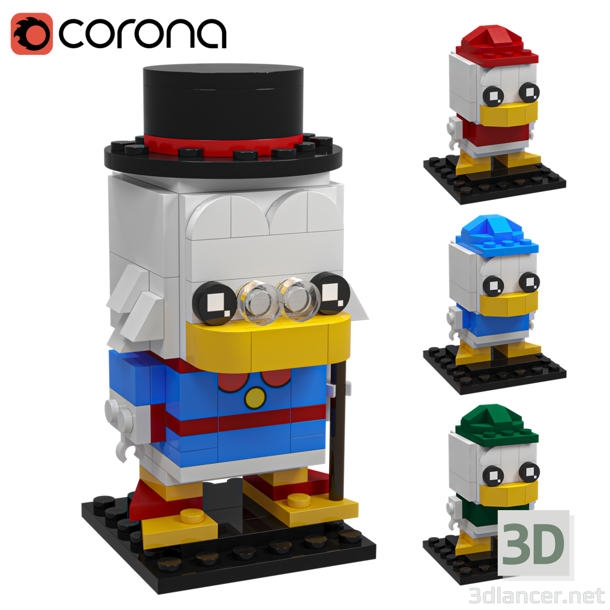 3d Lego Scrooge McDuck Huey Dewey Louie model buy - render
