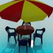 3D Modell Sonnenschirm, Plastiktisch und Stühle für café - Vorschau
