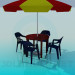 modèle 3D Parasol, table en plastique et chaises pour café - preview