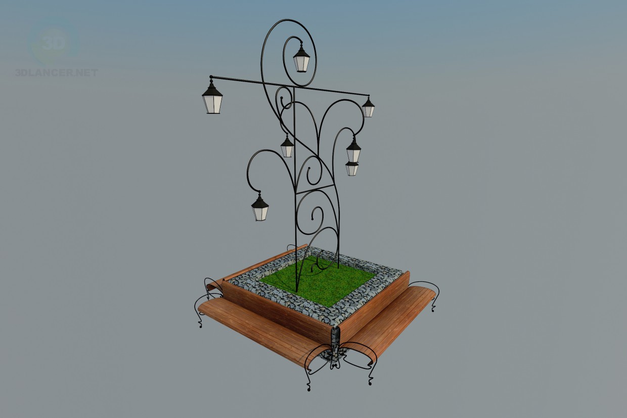 3d модель скамья с фонарем – превью